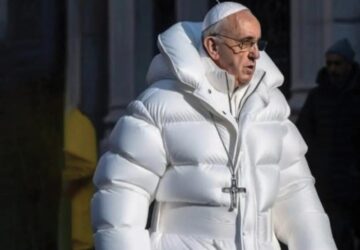 Imagem deepfake do Papa Francisco vestindo um casaco puffer branco