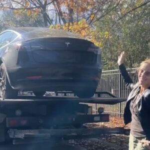 Shery Crow mandando seu carro Tesla embora em um reboque em protesto contra Elon Musk