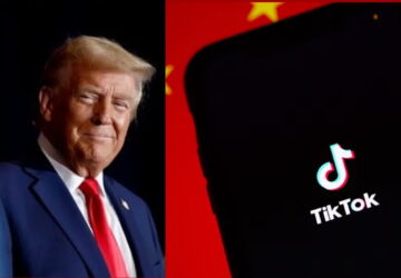 Donald Trump ao lado de smartphone com tela do TikTok e bandeira da china ao fundo
